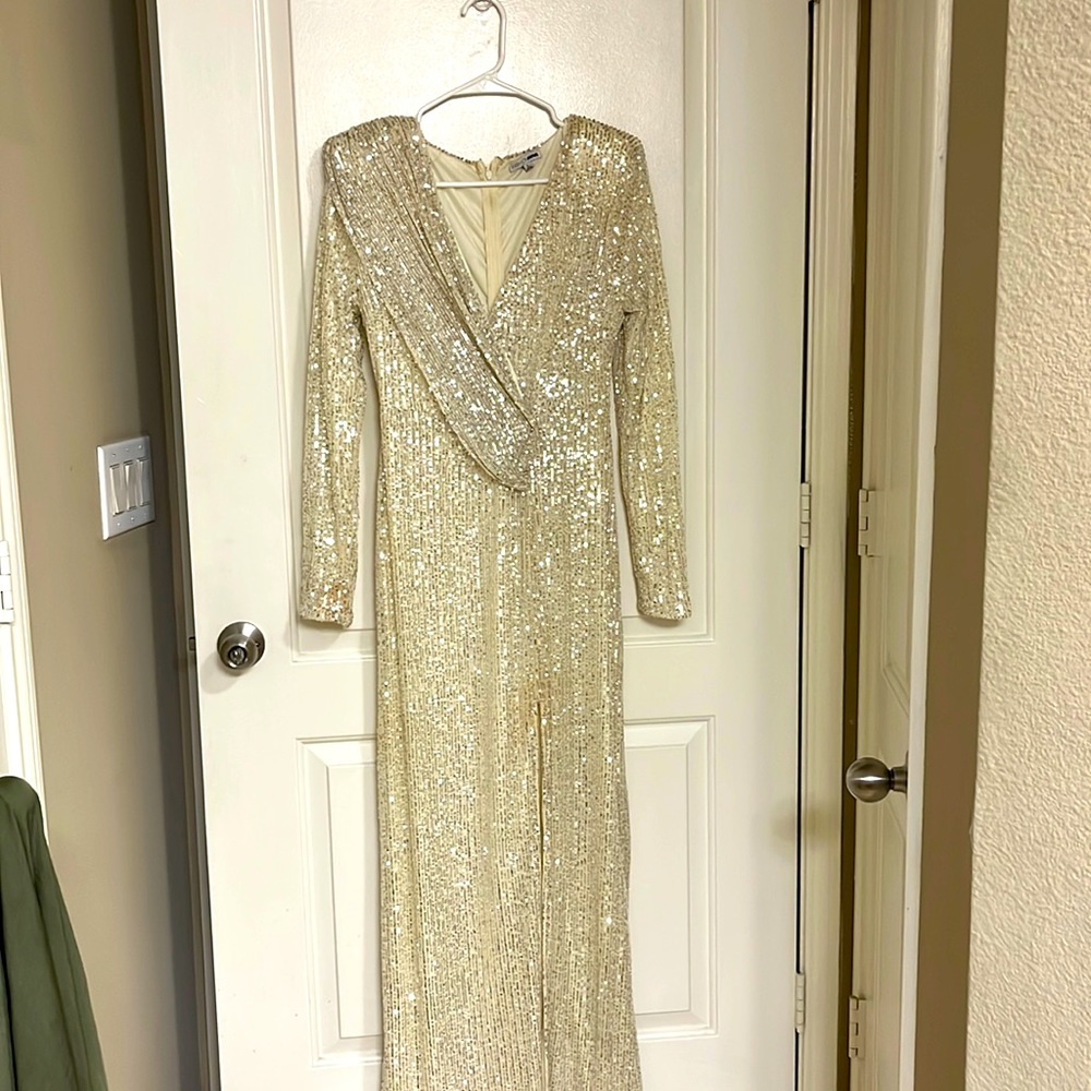 Silver and Gold sequined long gown with v neck split;worn once